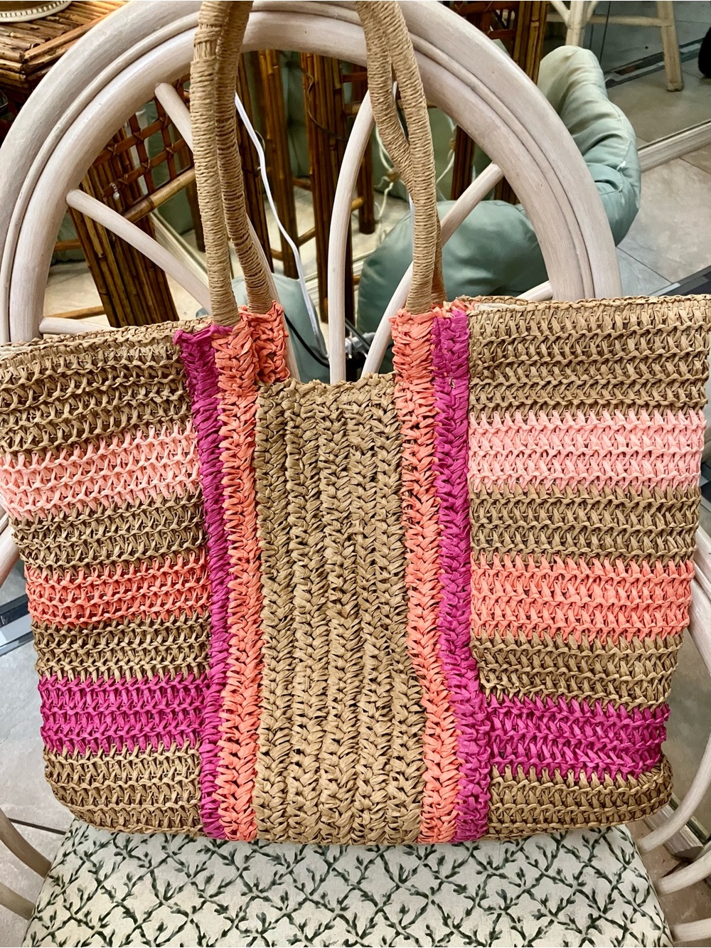 Large Spacious Woven Straw Tote Bag with Pink and Coral Stripes